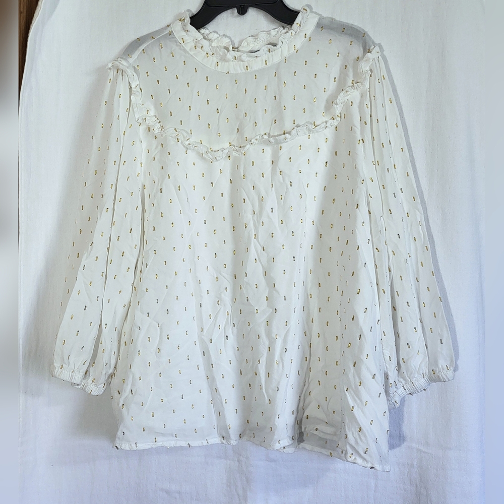 Draper James RSVP White Gold Detail Clip Dot‎ Mockneck 3/4 Sleeve Blouse Size 1X